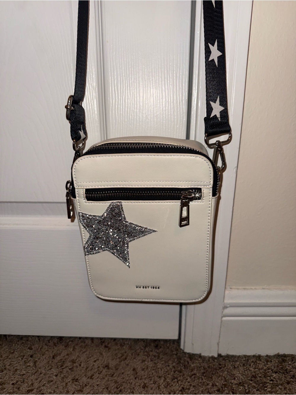 Vintage Havana White Crossbody Bag with Silver Glitter Star
